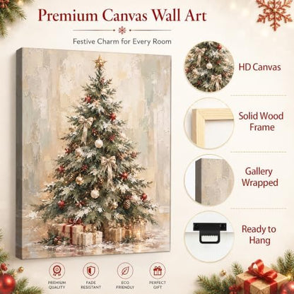 Christmas Canvas Wall Art, Snowy Christmas Tree Gift Boxes Canvas