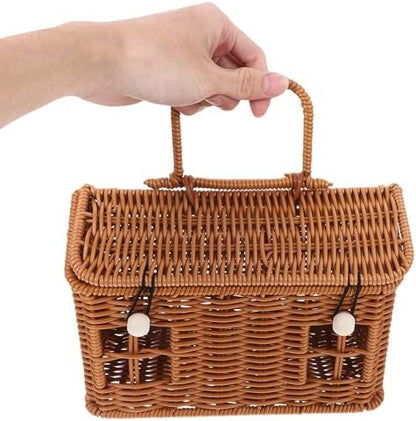 House Shaped Decorative Gift Basket with Lid and Handle Brown Plastic