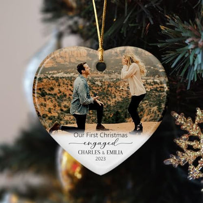 Personalized Photo Our First Christmas Engaged Ceramic Ornament