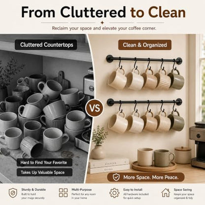 Wall Mounted Coffee Mug Holder, 2 Pack Coffee Cup Rack with 10