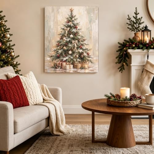 Christmas Canvas Wall Art, Snowy Christmas Tree Gift Boxes Canvas