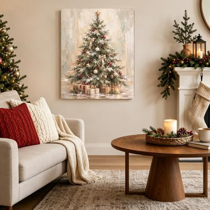 Christmas Canvas Wall Art, Snowy Christmas Tree Gift Boxes Canvas