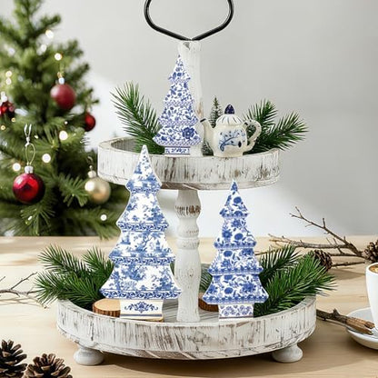 3 Pcs Chinoiserie Christmas Tree Decor Blue White Wooden Decor