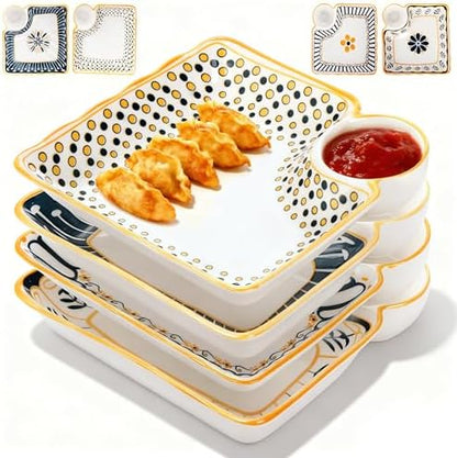 Noamus 4 Pack Dumpling Plate with Dipping Saucer, 7.5" Ceramic