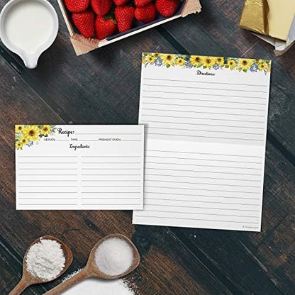 321Done Folding Recipe Cards, 8x6 to 4x6, Set of 50, Sunflowers, White