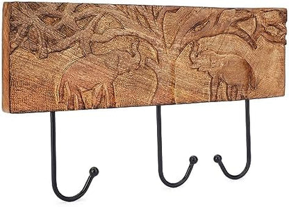 Ajuny Wooden Cloth Hooks Wall Mounted Coat Rack 3 Hooks with Carving