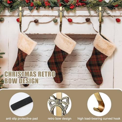6 Pcs Brass Bow Christmas Stocking Holder, Vintage Mantle Hooks