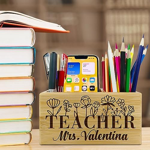 Teacher Appreciation Gifts, Personalized Pen Holder, Solid Wood Desk