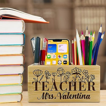 Teacher Appreciation Gifts, Personalized Pen Holder, Solid Wood Desk