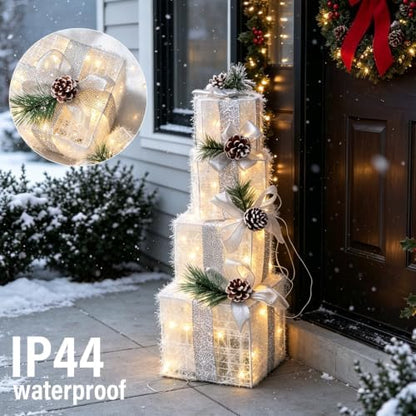 Hourleey Set of 4 Christmas Lighted Gift Boxes Warm White 70 LED