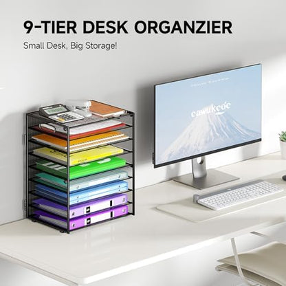 Cawukege 9 Tier Paper Organizer with Handle, Black Large Capacity Desk