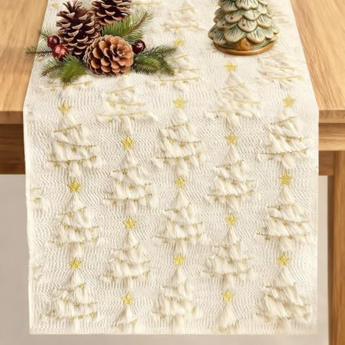 Christmas Table Runner Christmas Trees Beige Soft Plush Faux Fur 13x72