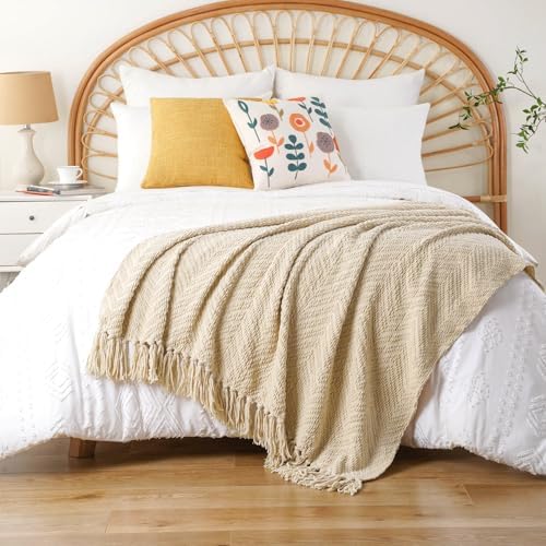 BATTILO HOME Beige Throw Blanket for Couch, Knitted Beige Throw for