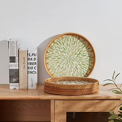 Round Rattan Tray with Mother of Pearl Inlay, Rattan Serving Tray with