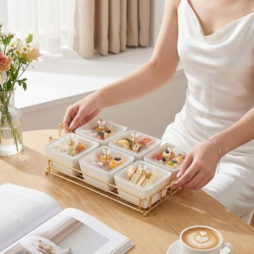 YA JU Ceramic Bowls and with Lid Gold Basket Trays, 6 Removable Small