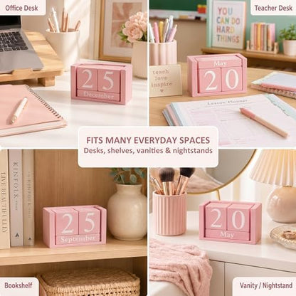 MICKYU Pink Wooden Perpetual Block Calendar