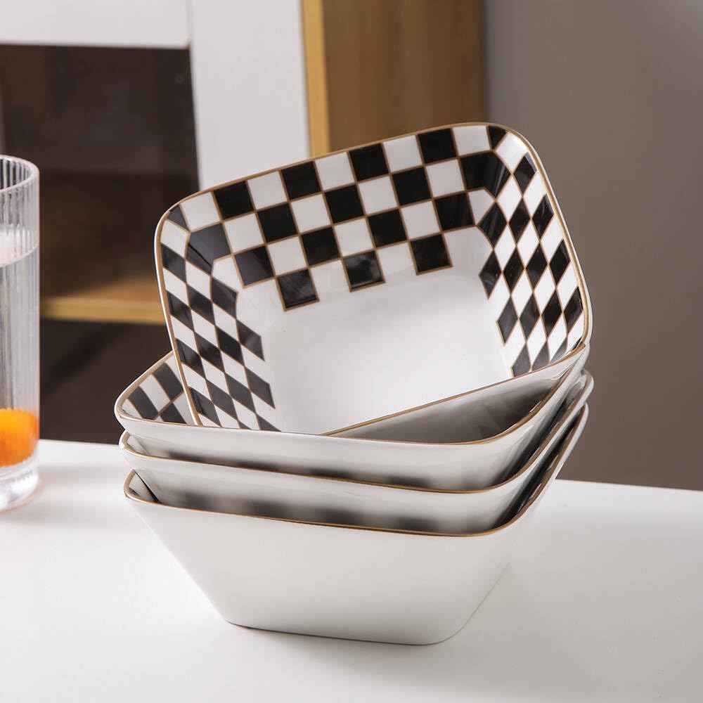 Set of 3 Checkered Square Bowls 20oz- Aesthetic Black and White Ceramic Snack & Dessert Bowls with Gold Rim, Checkerboard Decorative Catchall Dish, Eclectic Kitchen Decor & Entertaining Serving Set