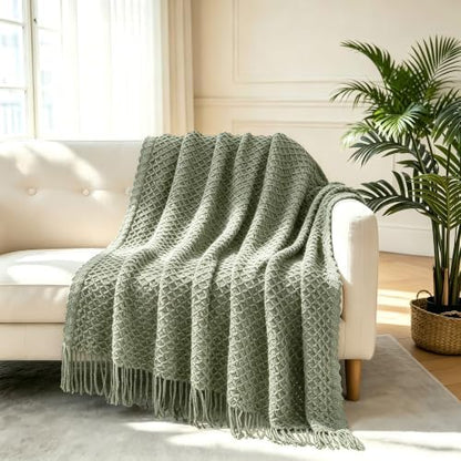 CREVENT Farmhouse Boho Knitted Throw Blanket for Couch Sofa Chair Bed