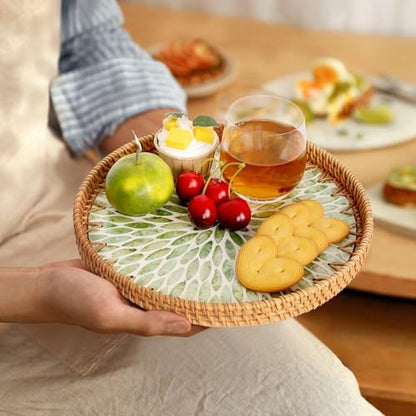 Round Rattan Tray with Mother of Pearl Inlay, Rattan Serving Tray for