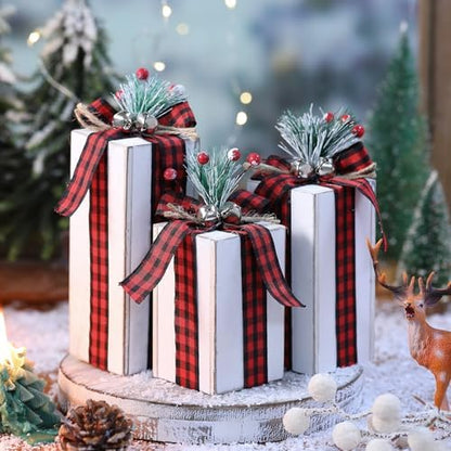 Amyhill 3 Pcs Christmas Wooden Gifts Box Decor Christmas Plaid