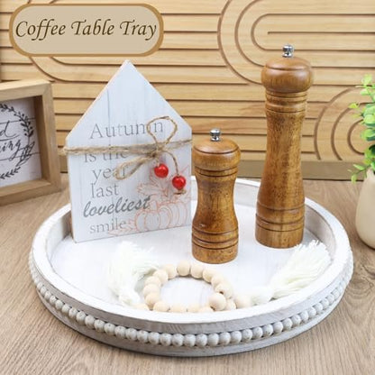 Round Wood Serving Tray with Beads, White Washed Wooden Decorative