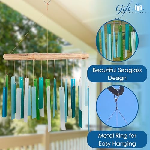 Ocean Blue Sea Glass Driftwood Wind Chime, Handcrafted Coastal