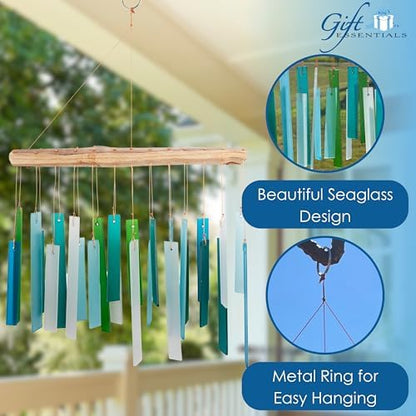 Ocean Blue Sea Glass Driftwood Wind Chime, Handcrafted Coastal