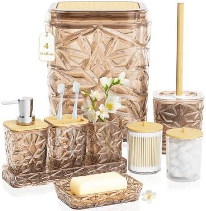 Bathroom Accessory Set, 9-Piece Brown Bathroom Set with Trash Can