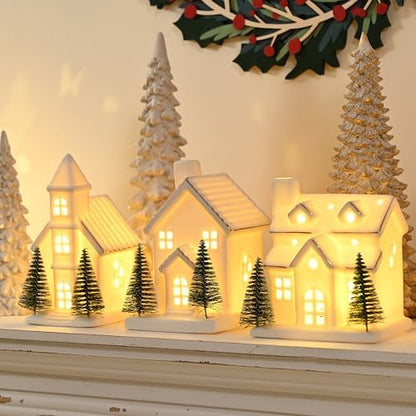 Ceramic White Christmas Village Houses, Light Up Porcelain Village