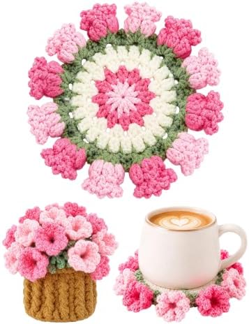 Crochet Flower Bouquet Coasters, Cotton Tulip Gift for Home Decor 2Pcs