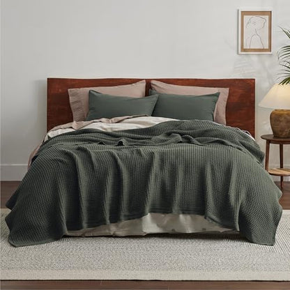 Bedsure 100% Cotton Blanket, Waffle Weave, King Size, Olive Green
