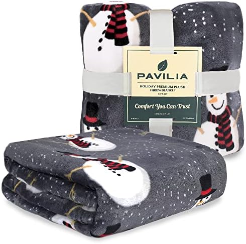 PAVILIA Christmas Snowman Throw Blanket, Grey Winter Fleece, 50x60