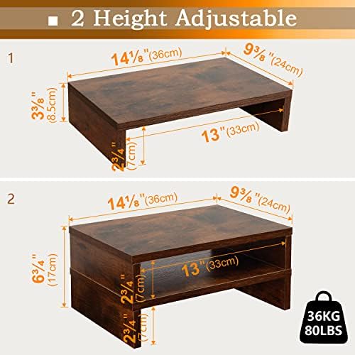TEAMIX 2 Pack Rustic Brown Wood Monitor Stand Riser and 1 Pack 20 inch