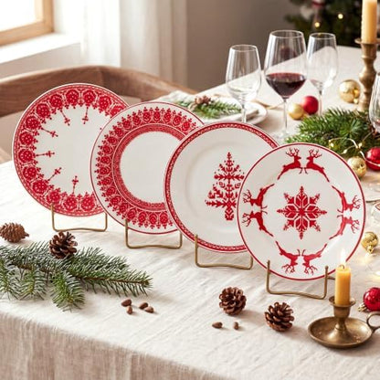 Rtteri 4 Pcs Red Christmas Ceramic Plates 9 Inch Salad Dish Serving