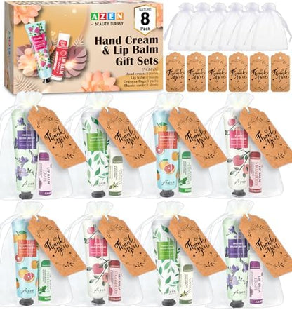 AZEN 8 Sets Bulk Gifts, Hand Cream and Lip Balm Bulk Set with Organza
