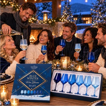 Winter Blue Christmas Wine Glasses Set of 6 Colored Crystal 12oz Navy
