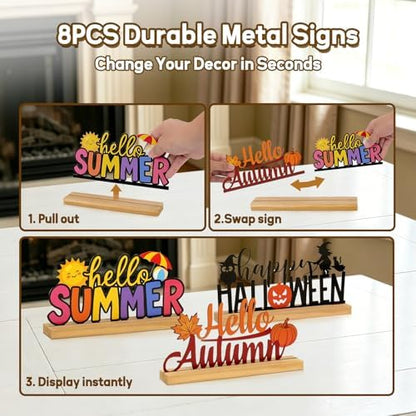 Interchangeable Seasonal Decor Metal Table Sign Set with Wooden Base