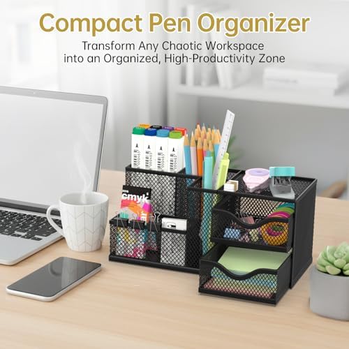 Mesh Desk Organizer with 2 Drawers and 5 Compartments, Pen Holder for