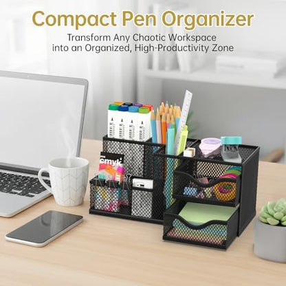 Mesh Desk Organizer with 2 Drawers and 5 Compartments, Pen Holder for