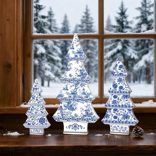 3 Pcs Chinoiserie Christmas Tree Decor Blue White Wooden Decor