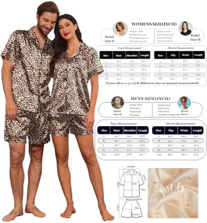 Ekouaer Couple Matching Pajamas Sets Silk Short Sleeve Button Up