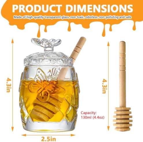 4.5 OZ Crystal Honey Jar with Dipper, Glass Honey Container with Lid