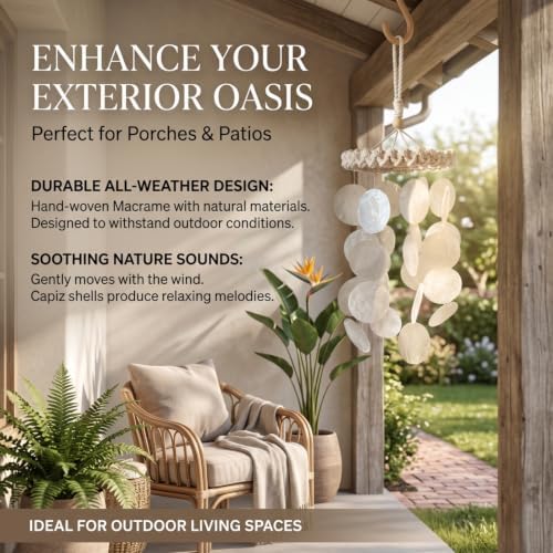 15.7 Inch Wind Chimes for Outside - Capiz Shells Garden Decor, Front