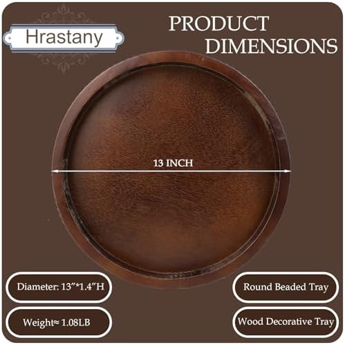 Hrastany Round Wood Decorative Serving Tray for Coffee Table, Dark