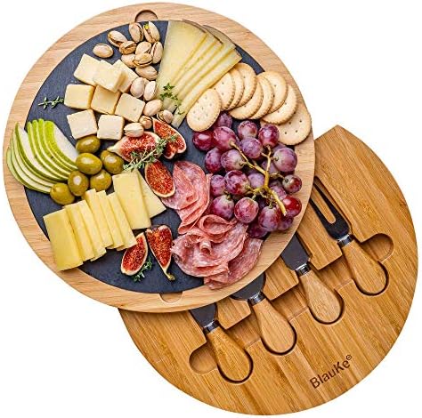Bamboo Cheese Board with Knife Set and Slate – 12 inch Round