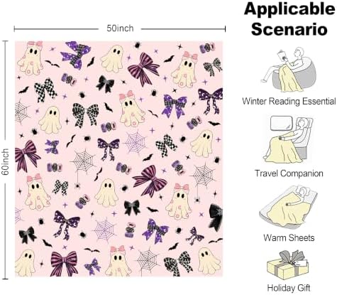 50"x60" Halloween Pink Boo Bow Throw Blanket, Cute Ghost Flannel
