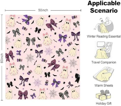 50"x60" Halloween Pink Boo Bow Throw Blanket, Cute Ghost Flannel