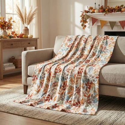 Horaldaily Fall Orange Blue Watercolor Leaves Flannel Throw Blanket