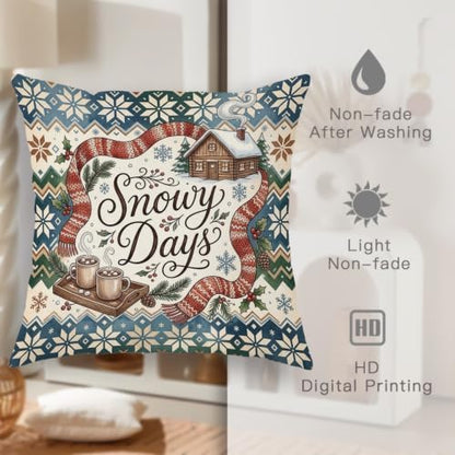 Winter Cabin Snowy Days Quote Christmas Throw Pillow Covers 14x14 Set