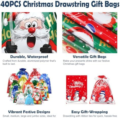 BWFY 40 Pcs Christmas Drawstring Gift Bags, 6 Sizes, 17 Patterns